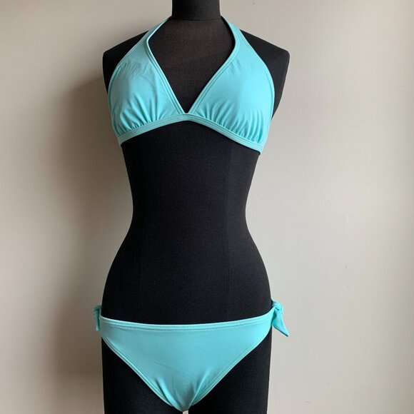 Billabong surf BLUE CRUSH era Vintage bikini aqua D cup solid halter top RARE - Picture 3 of 8